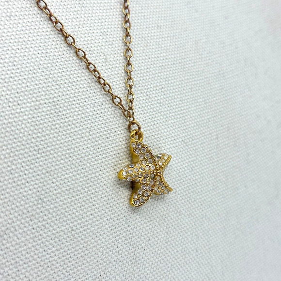J. Crew Necklace Starfish Rhinestones Gold Tone Estate Costume Beach Ocean - Picture 1 of 10